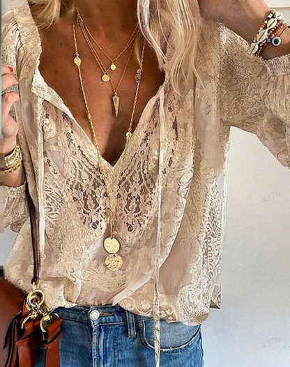 Unique Blouse with Lace Details for Women with V-Neck and Bow Closure