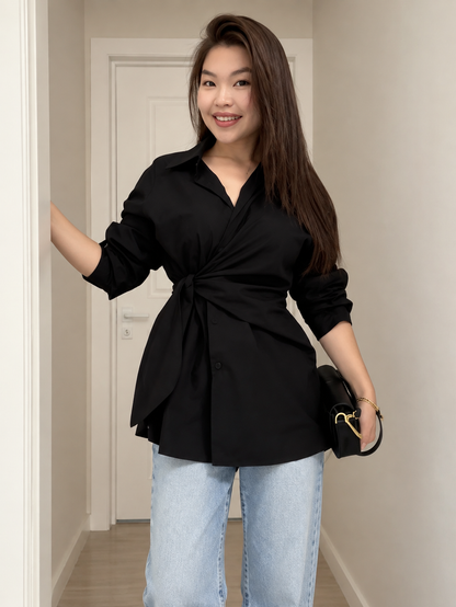 Long Blouse with Waist Button and Long Sleeves for Women