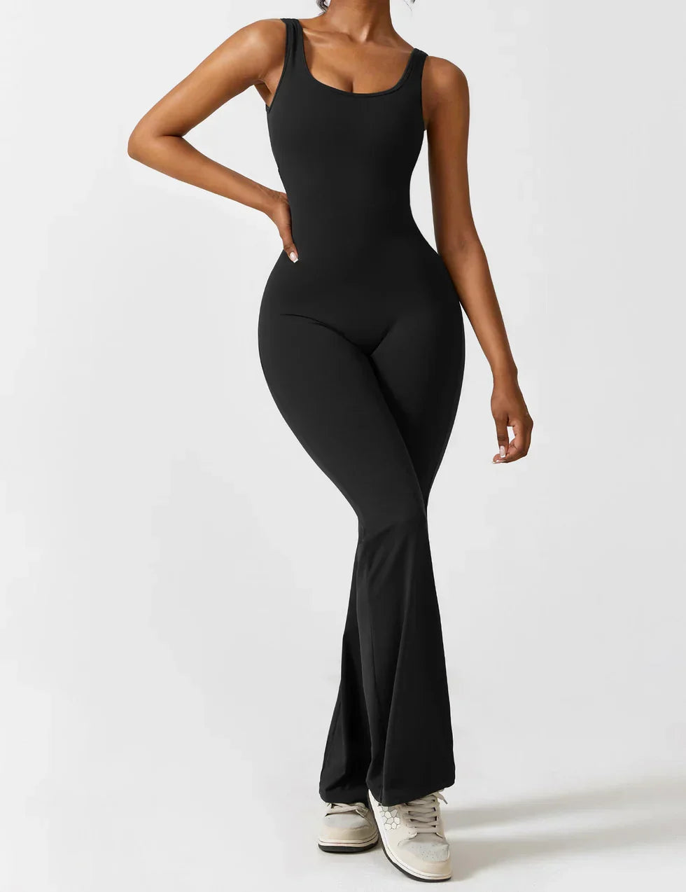 Flared V Back Jumpsuit for Women with Open Back and Scrunch Detail