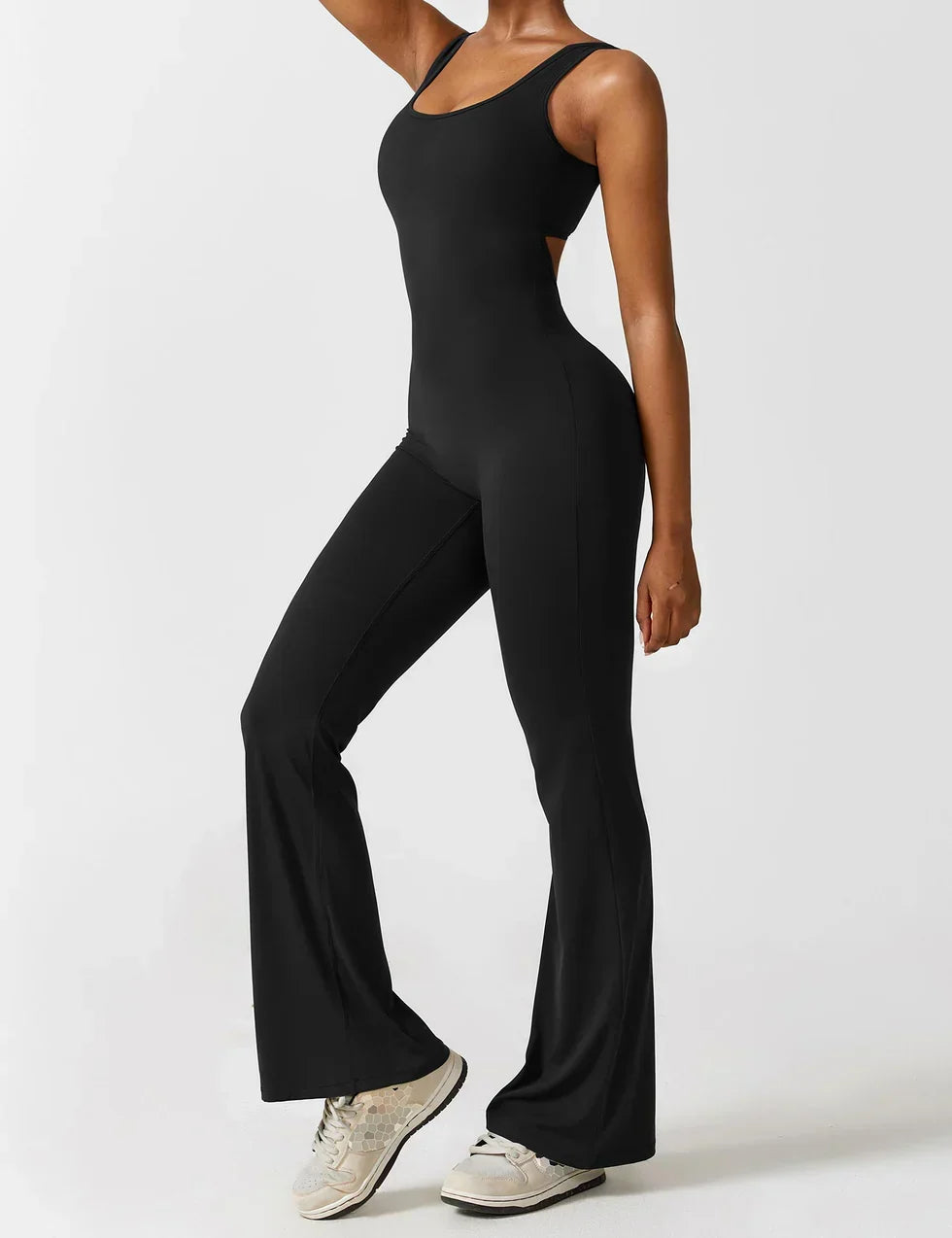 Flared V Back Jumpsuit for Women with Open Back and Scrunch Detail