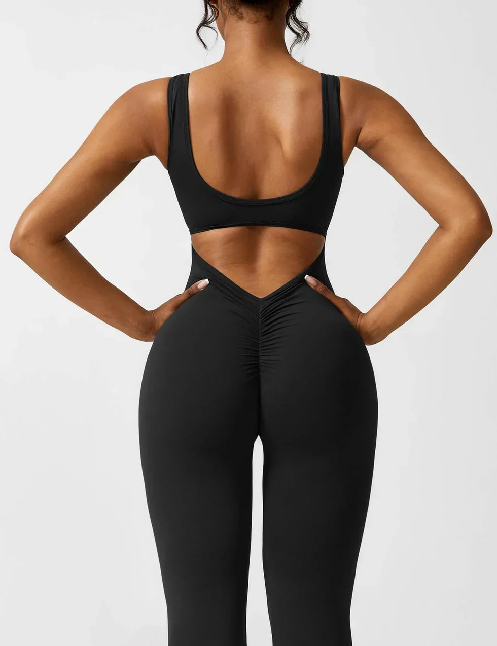 Flared V Back Jumpsuit for Women with Open Back and Scrunch Detail