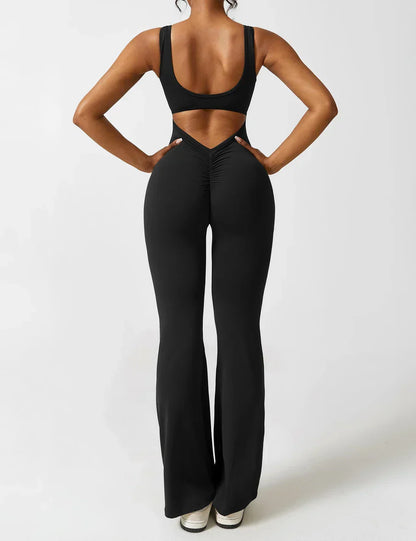 Flared V Back Jumpsuit for Women with Open Back and Scrunch Detail