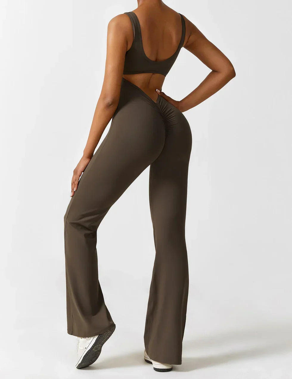 Flared V Back Jumpsuit for Women with Open Back and Scrunch Detail