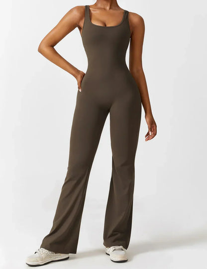 Flared V Back Jumpsuit for Women with Open Back and Scrunch Detail
