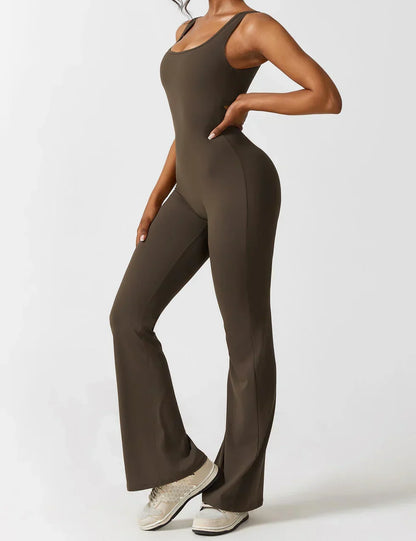 Flared V Back Jumpsuit for Women with Open Back and Scrunch Detail
