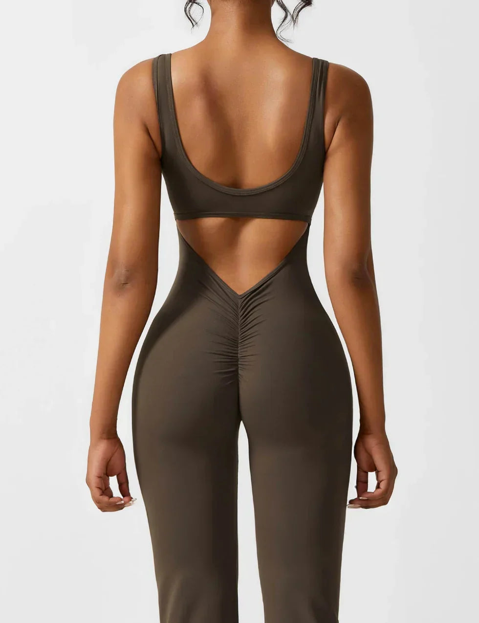 Flared V Back Jumpsuit for Women with Open Back and Scrunch Detail