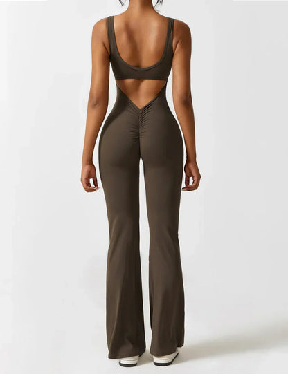 Flared V Back Jumpsuit for Women with Open Back and Scrunch Detail