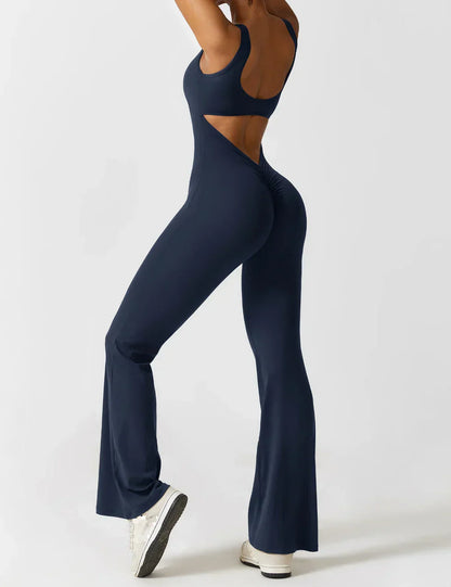 Flared V Back Jumpsuit for Women with Open Back and Scrunch Detail