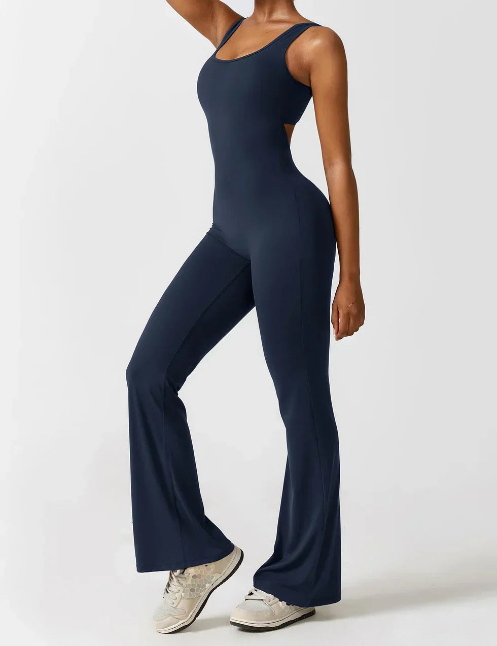 Flared V Back Jumpsuit for Women with Open Back and Scrunch Detail