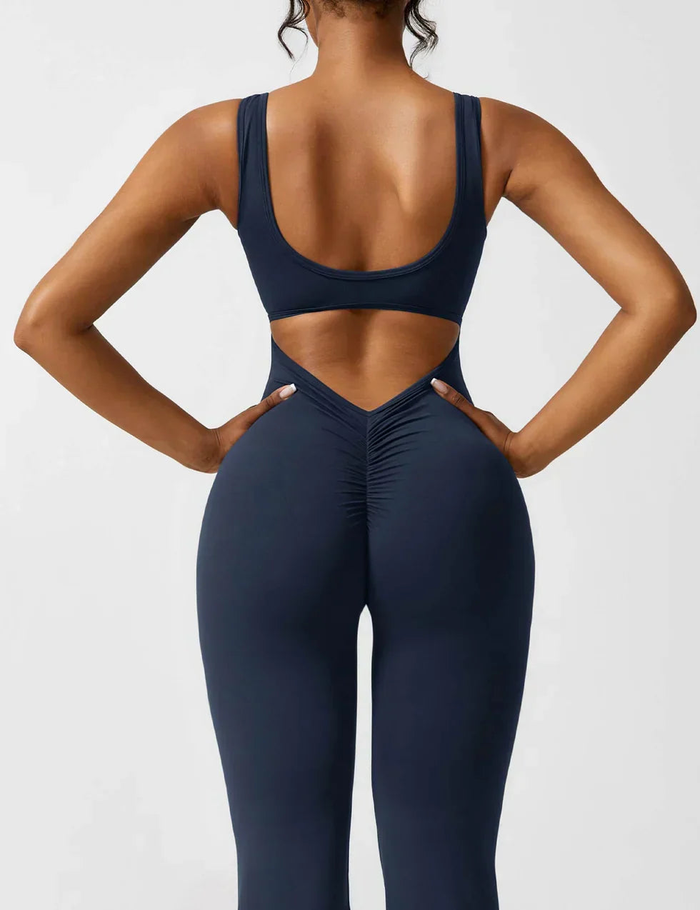 Flared V Back Jumpsuit for Women with Open Back and Scrunch Detail