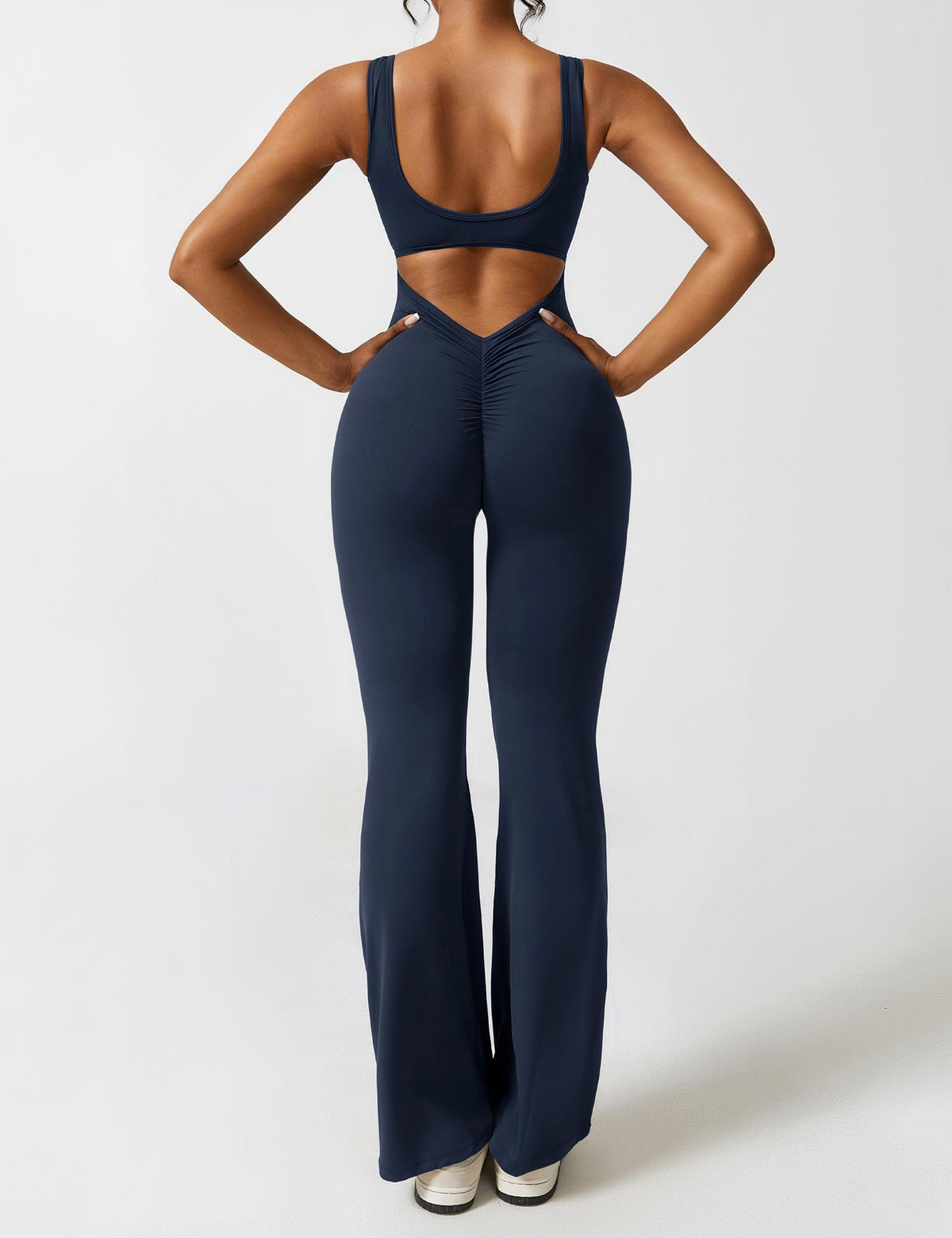Flared V Back Jumpsuit for Women with Open Back and Scrunch Detail