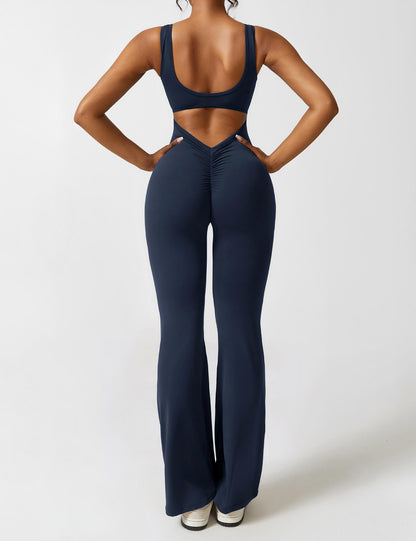Flared V Back Jumpsuit for Women with Open Back and Scrunch Detail