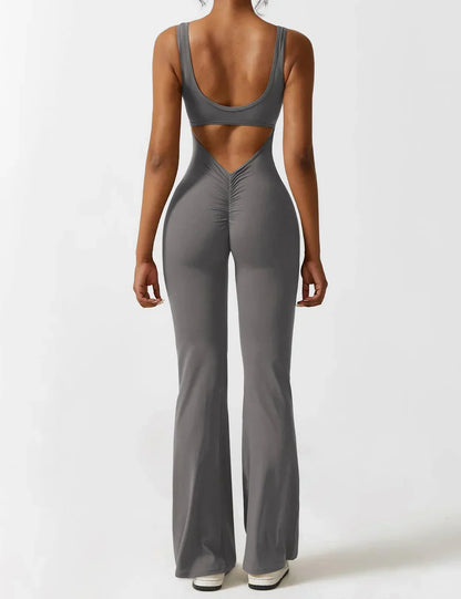 Flared V Back Jumpsuit for Women with Open Back and Scrunch Detail