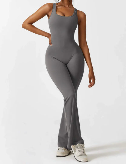 Flared V Back Jumpsuit for Women with Open Back and Scrunch Detail