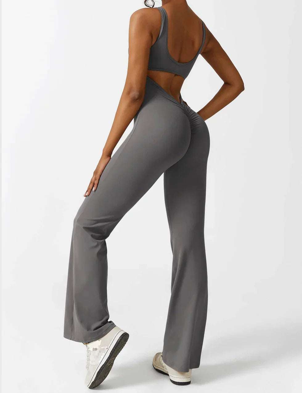 Flared V Back Jumpsuit for Women with Open Back and Scrunch Detail