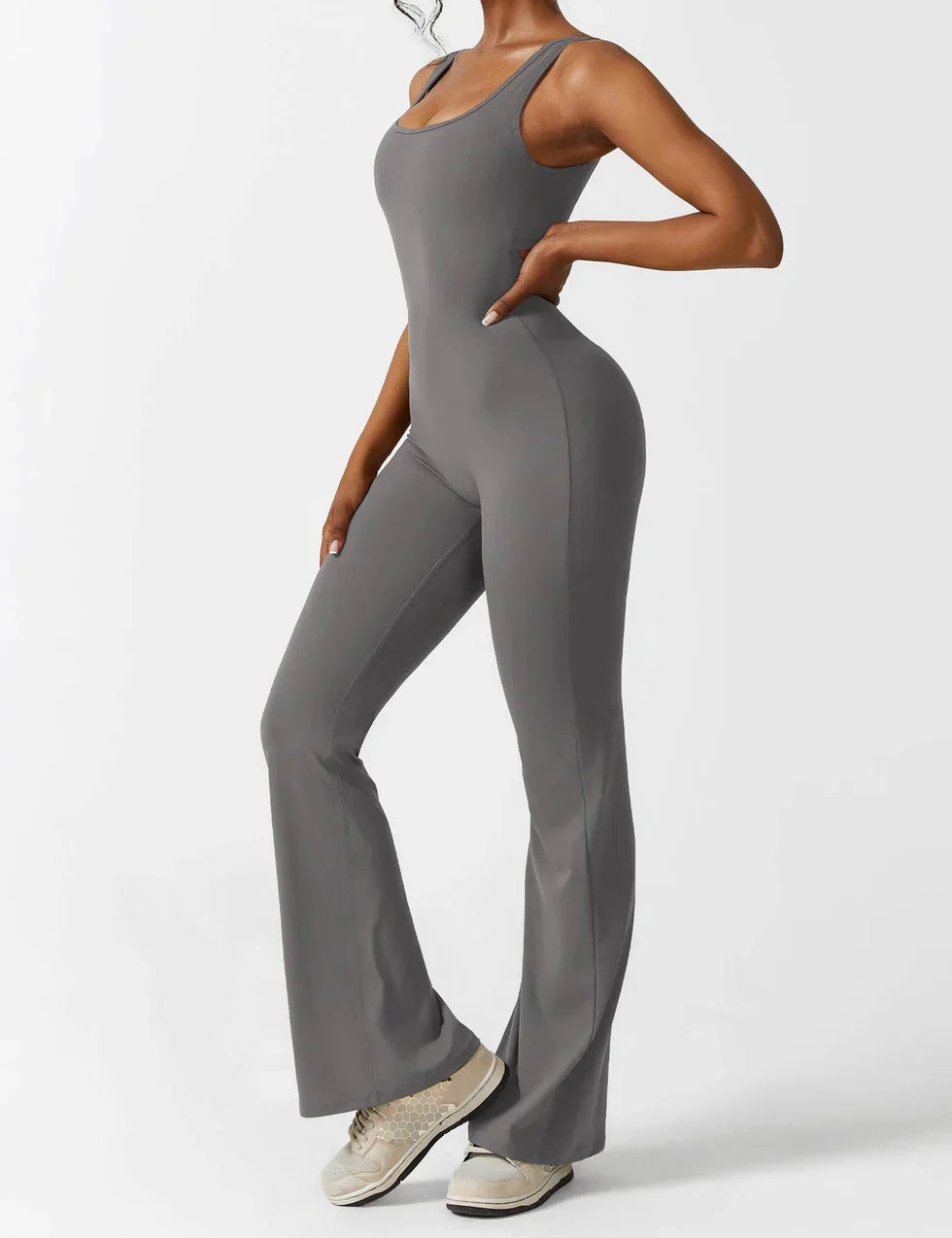 Flared V Back Jumpsuit for Women with Open Back and Scrunch Detail
