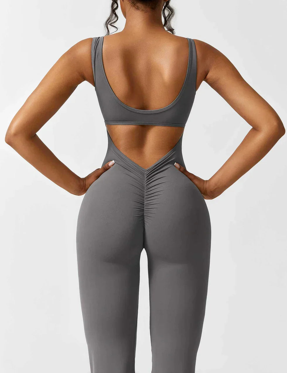 Flared V Back Jumpsuit for Women with Open Back and Scrunch Detail