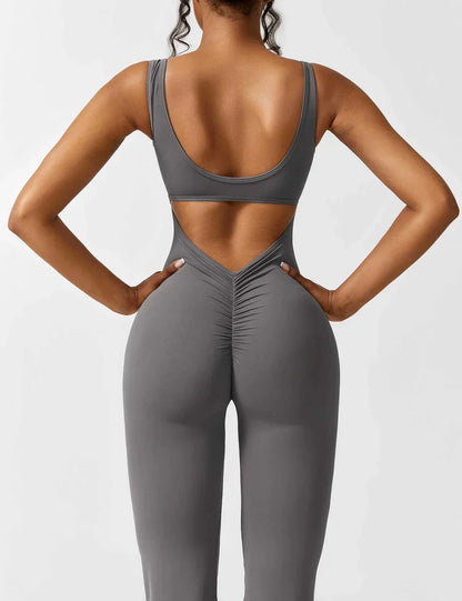 Flared V Back Jumpsuit for Women with Open Back and Scrunch Detail