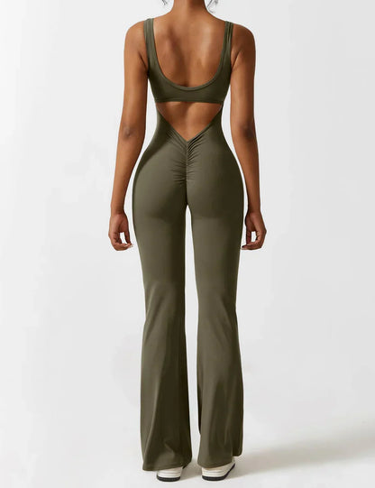 Flared V Back Jumpsuit for Women with Open Back and Scrunch Detail