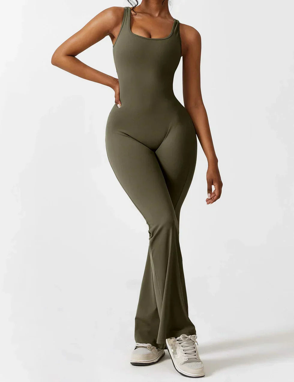 Flared V Back Jumpsuit for Women with Open Back and Scrunch Detail