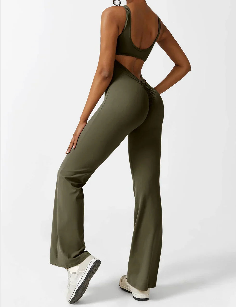 Flared V Back Jumpsuit for Women with Open Back and Scrunch Detail