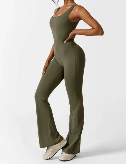 Flared V Back Jumpsuit for Women with Open Back and Scrunch Detail