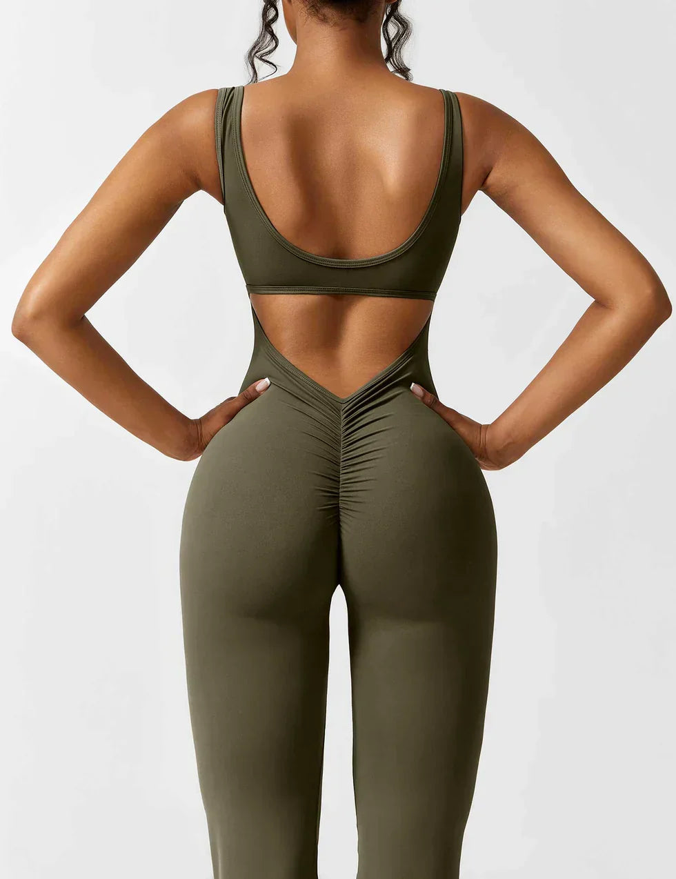 Flared V Back Jumpsuit for Women with Open Back and Scrunch Detail