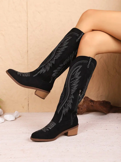 Western Cowboy Boots with Embroidery and Block Heel for Women