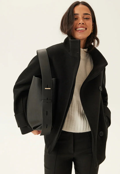 Black Elegant Coat Winter Jacket for Women with High Collar and Button Closure