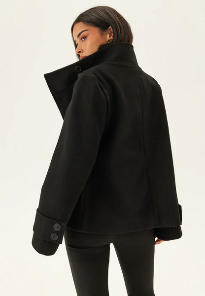 Black Elegant Coat Winter Jacket for Women with High Collar and Button Closure