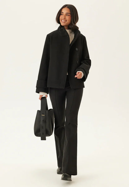 Black Elegant Coat Winter Jacket for Women with High Collar and Button Closure