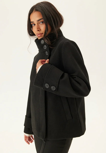 Black Elegant Coat Winter Jacket for Women with High Collar and Button Closure