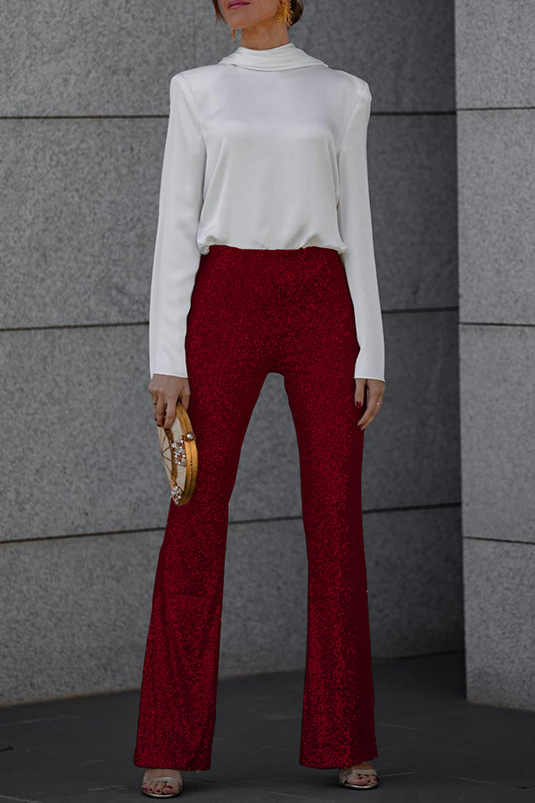 Pantalones acampanados de cintura alta con lentejuelas brillantes para mujer