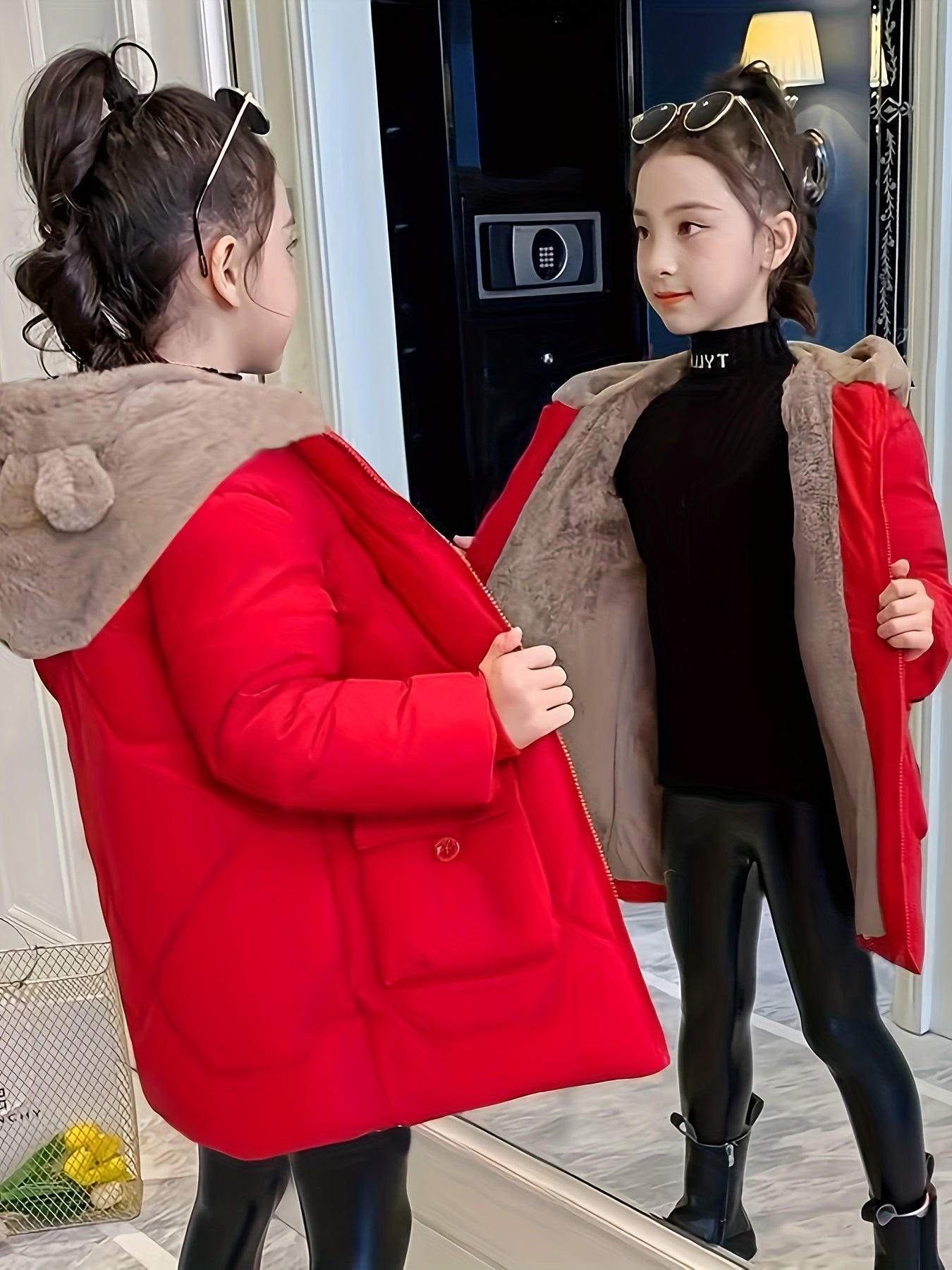 Girls' Winter Cute Polyester Parka with Hood and Zip Detail - Denice