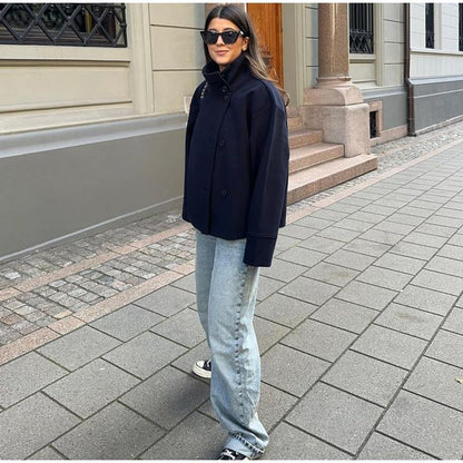 Double-Breasted Ladies Peacoat Jacket in Wool Blend with Wide Sleeves