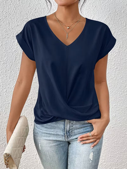 Breathable Elegant Ladies Top with V Neck and Twisted Detail