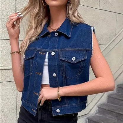 Women’s Sleeveless Denim Vest with Pockets - Hedwig