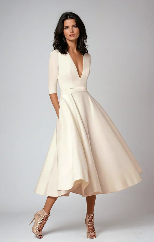 Elegantes A-Linien-Midikleid mit V-Ausschnitt und voluminösem Rock