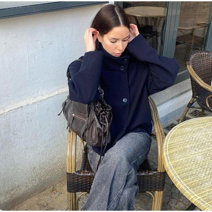 Double-Breasted Ladies Peacoat Jacket in Wool Blend with Wide Sleeves