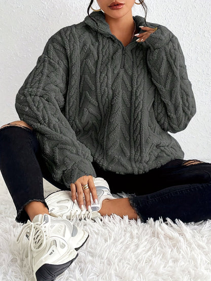 Ladies Soft Teddy Jumper with Quarter Zip and Cable Knit