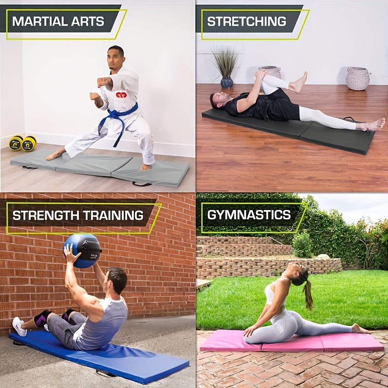Esterilla de yoga portátil plegable en tres partes, con acolchado grueso, superficie antideslizante de PU y asa