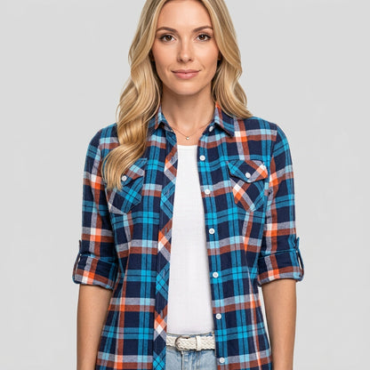 Women’s Checked Blouse with Chest Pockets and Roll-Up Sleeves