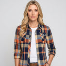 Women’s Checked Blouse with Chest Pockets and Roll-Up Sleeves
