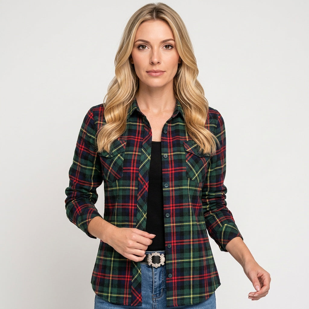 Women’s Checked Blouse with Chest Pockets and Roll-Up Sleeves