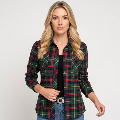 Women’s Checked Blouse with Chest Pockets and Roll-Up Sleeves