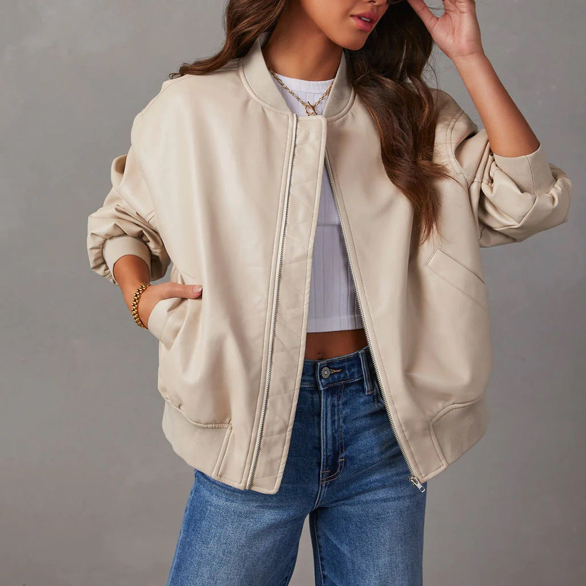 Dámská ležérní oversized bomber bunda z imitace kůže