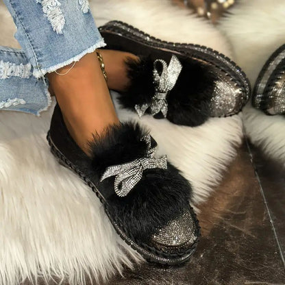 Loafers voor dames met imitatiebontafwerking en strik met kristallen