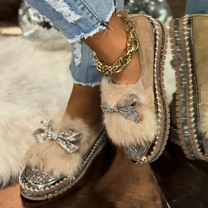 Loafers voor dames met imitatiebontafwerking en strik met kristallen