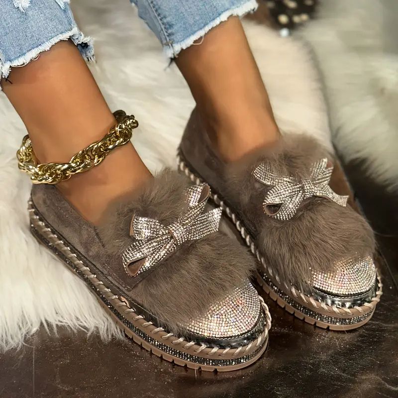 Loafers voor dames met imitatiebontafwerking en strik met kristallen