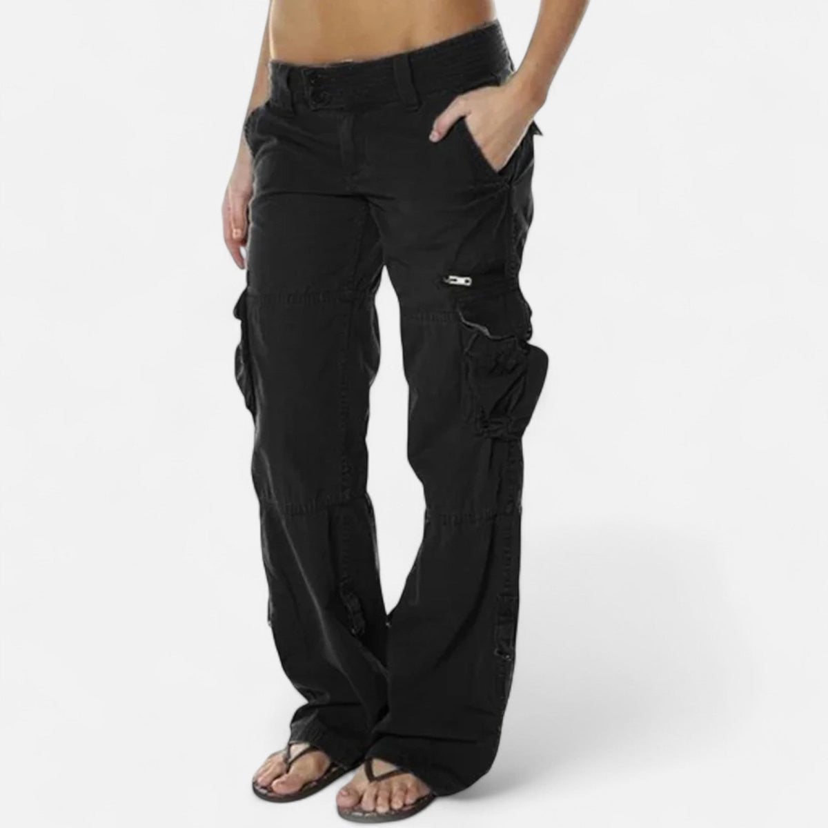 Ladies Casual Cargo Trousers with Wide Legs and Flap Pockets